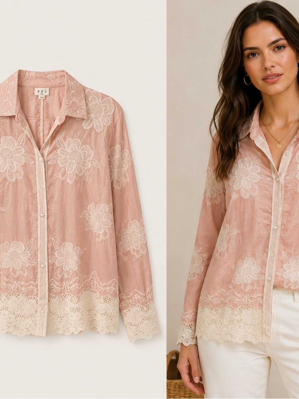 POL Blush Pink Lace-Trim Embroidered Button-Down Shirt
